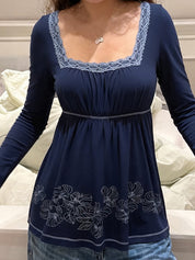 Retro Print Lace Splicing Long Sleeve