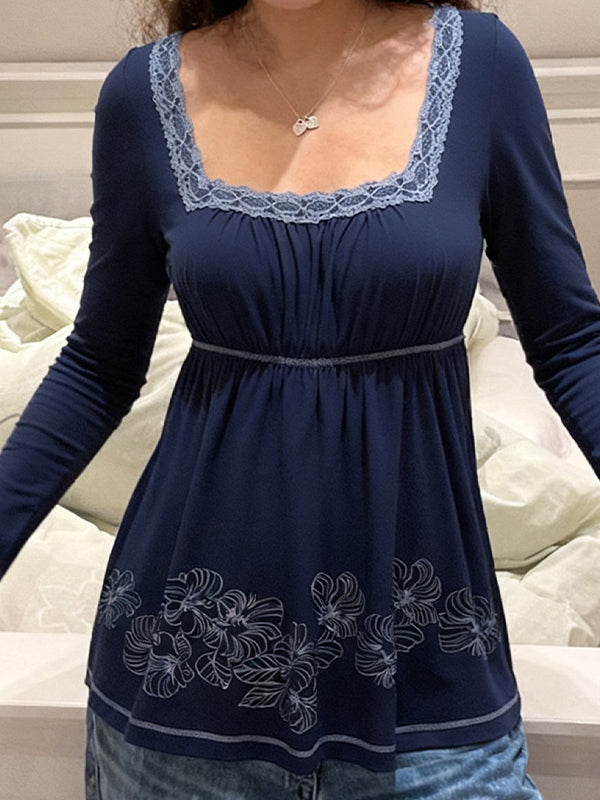 Retro Print Lace Splicing Long Sleeve