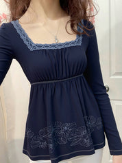 Retro Print Lace Splicing Long Sleeve