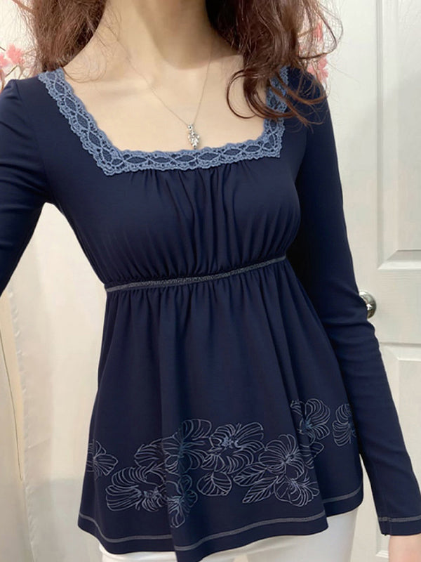 Retro Print Lace Splicing Long Sleeve