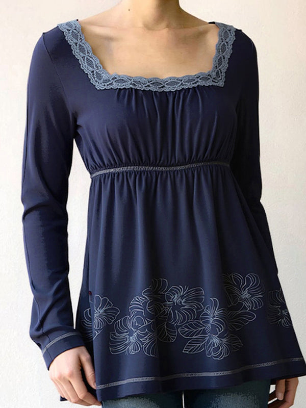 Retro Print Lace Splicing Long Sleeve