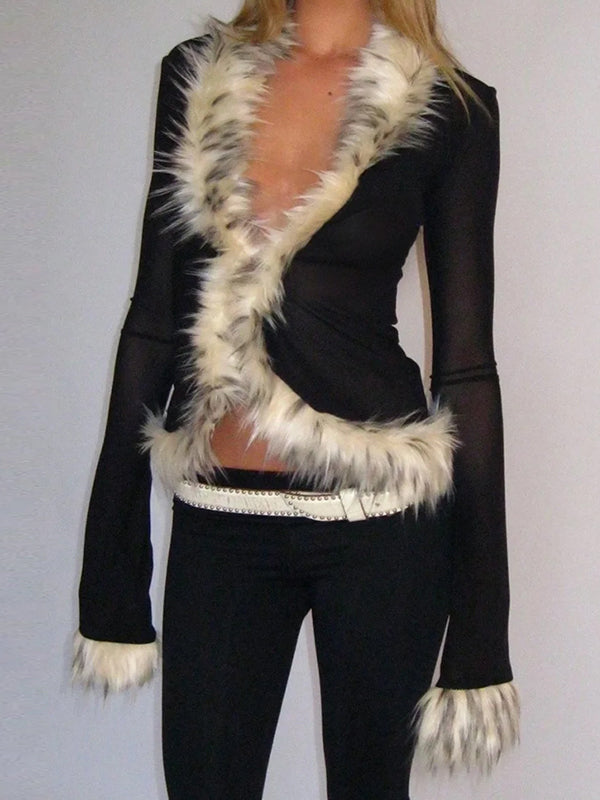 Sexy Fur Collar Tulle Long Sleeve