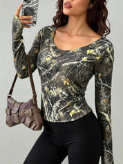 Retro Dried Leaf Print Long Sleeve