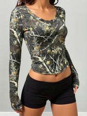Retro Dried Leaf Print Long Sleeve