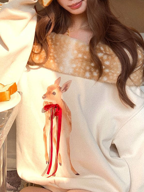 Fawn Print Fur Collar Long Sleeve