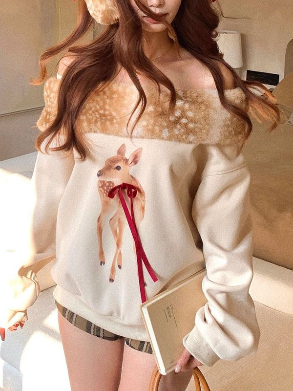 Fawn Print Fur Collar Long Sleeve