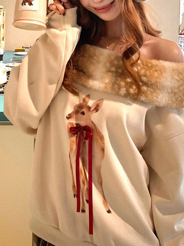 Fawn Print Fur Collar Long Sleeve