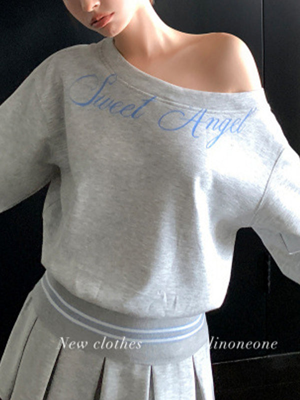 English Slogan Slanted Shoulder Long Sleeve