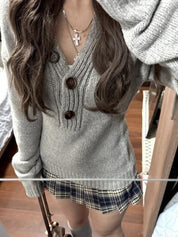 V-Neck Plain Button Sweater