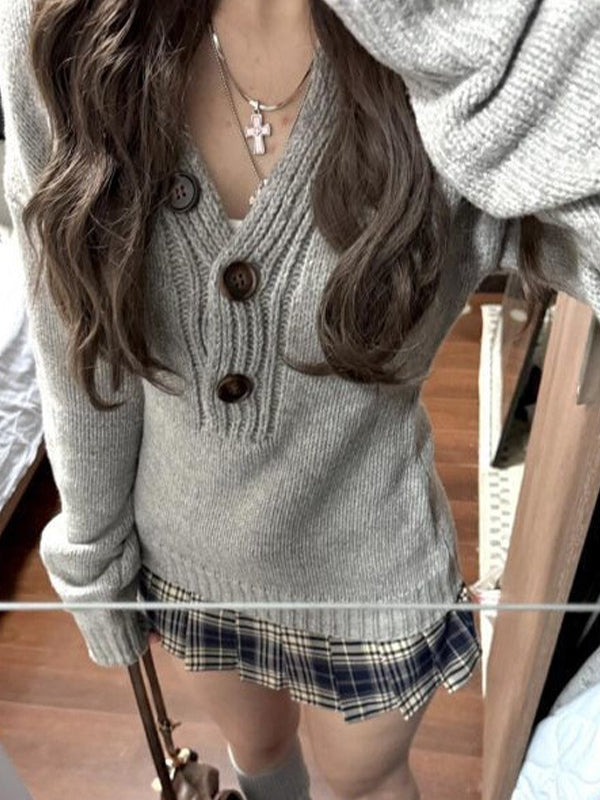 V-Neck Plain Button Sweater