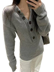 V-Neck Plain Button Sweater
