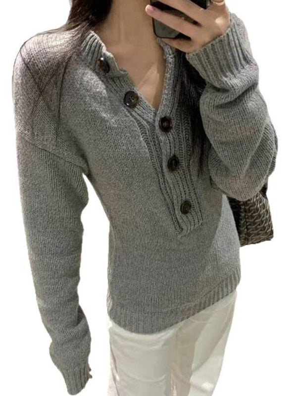 V-Neck Plain Button Sweater