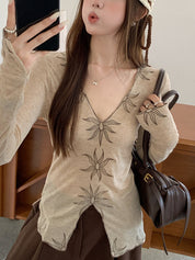 Embroidered Slit Top Long Sleeve