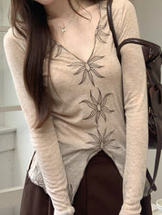 Embroidered Slit Top Long Sleeve