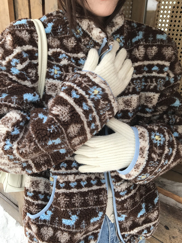 Stand Collar Jacquard Fleece Sweater