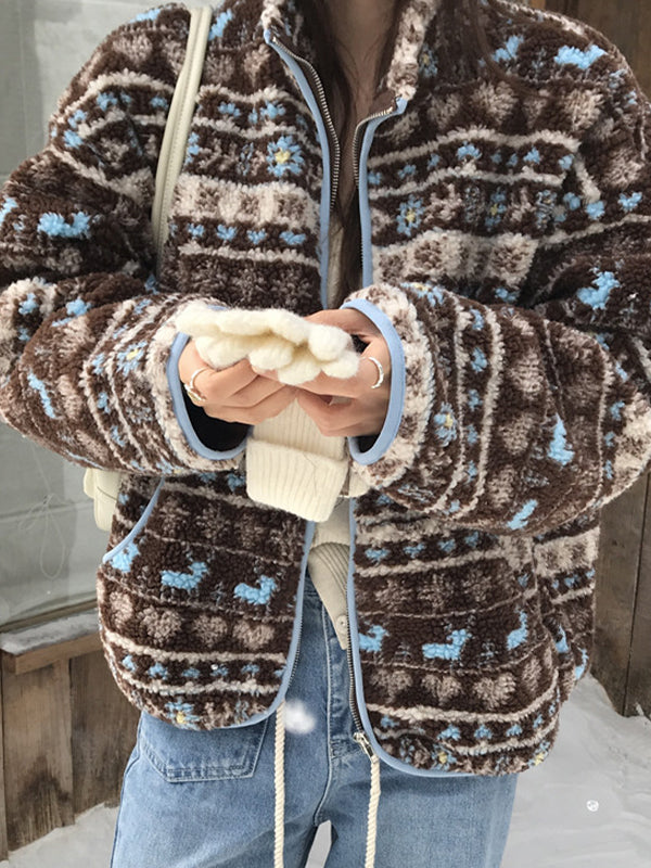 Stand Collar Jacquard Fleece Sweater