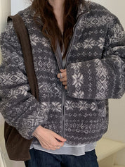 Stand Collar Jacquard Fleece Sweater