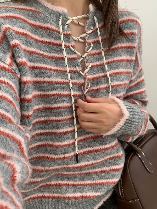 V-Neck Lace Up Sweater