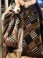 Hooded Fluffy Trim Plaid Cape