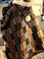 Hooded Fluffy Trim Plaid Cape