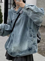 Faux Denim Hooded Loose Sweatshirt