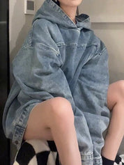 Faux Denim Hooded Loose Sweatshirt