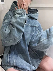 Faux Denim Hooded Loose Sweatshirt