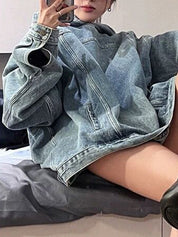 Faux Denim Hooded Loose Sweatshirt