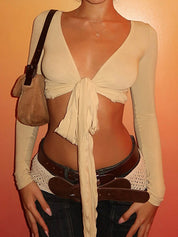 Strappy V-Neck Solid Color Long Sleeve