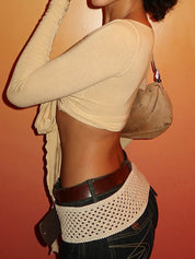 Strappy V-Neck Solid Color Long Sleeve