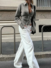 Turned-Up V-Neck Plaid Shirt Long Sleeves