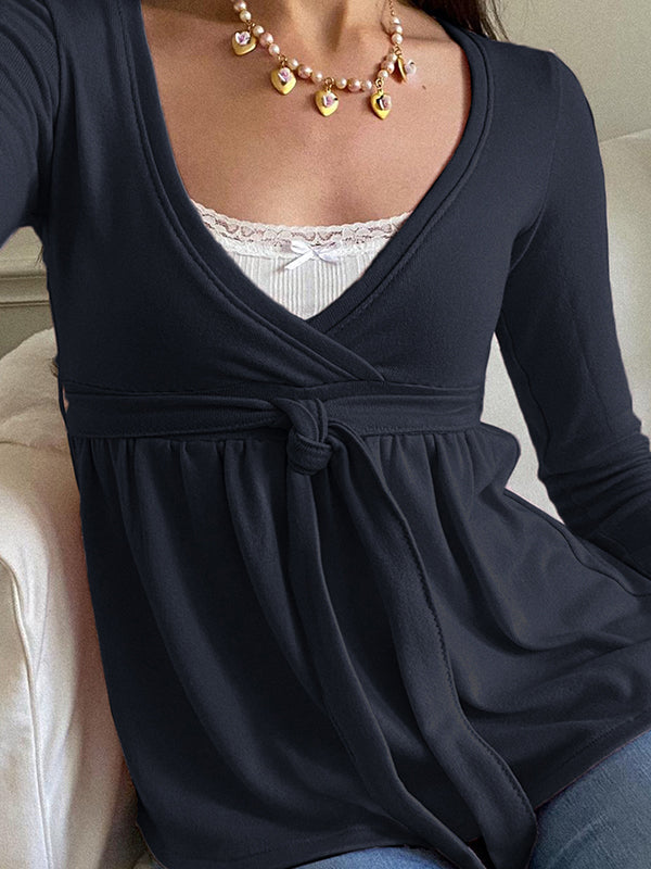 Cross V-Neck Strap Shirt Long Sleeve