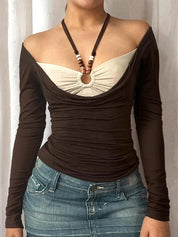 Round Neck Hollow-Out Tops Long Sleeve