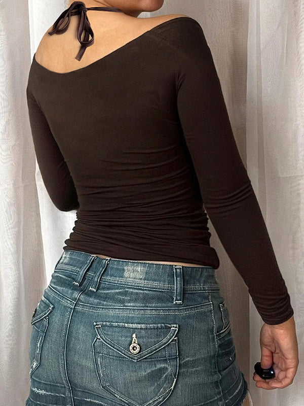 Round Neck Hollow-Out Tops Long Sleeve