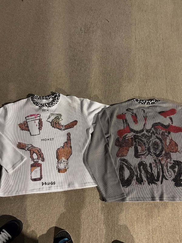 Y2K Leopard Print Round Neck T-Shirt Long Sleeve