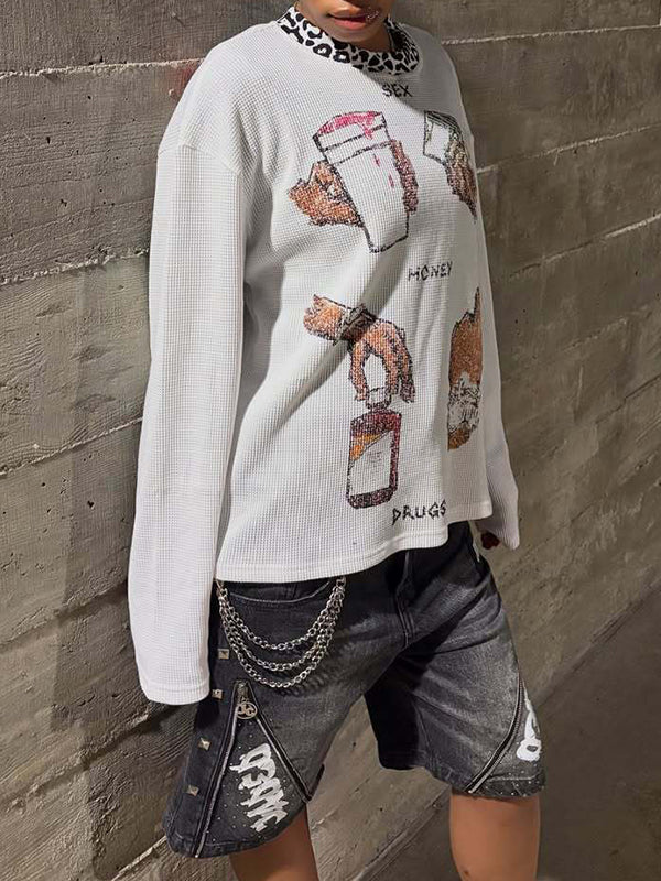 Y2K Leopard Print Round Neck T-Shirt Long Sleeve