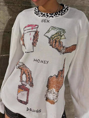 Y2K Leopard Print Round Neck T-Shirt Long Sleeve