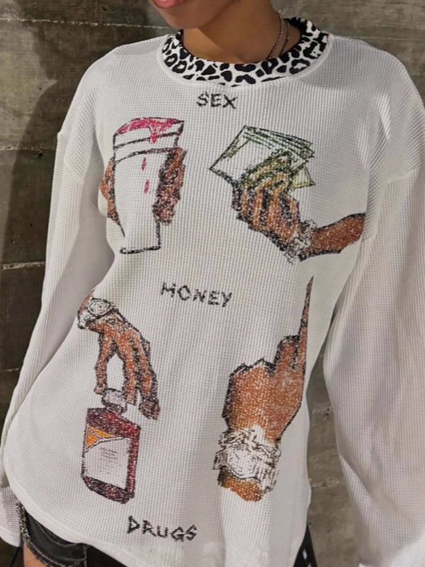 Y2K Leopard Print Round Neck T-Shirt Long Sleeve