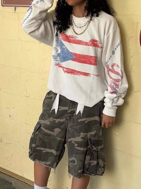 American Flag Retro Sweatshirt Oversized Long Sleeve