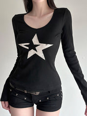 Dark-Style Star-Print Long Sleeve
