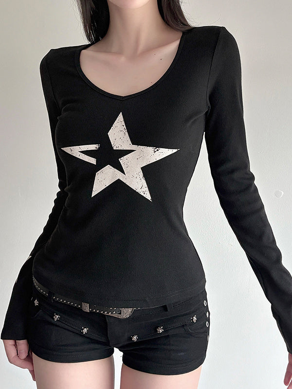 Dark-Style Star-Print Long Sleeve