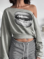 Lip Print T-Shirt Oversized Long Sleeve