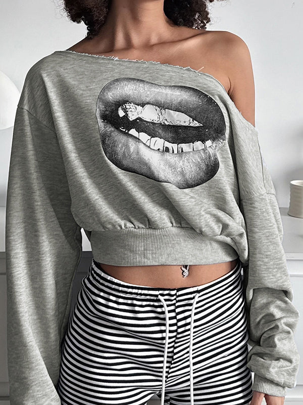 Lip Print T-Shirt Oversized Long Sleeve