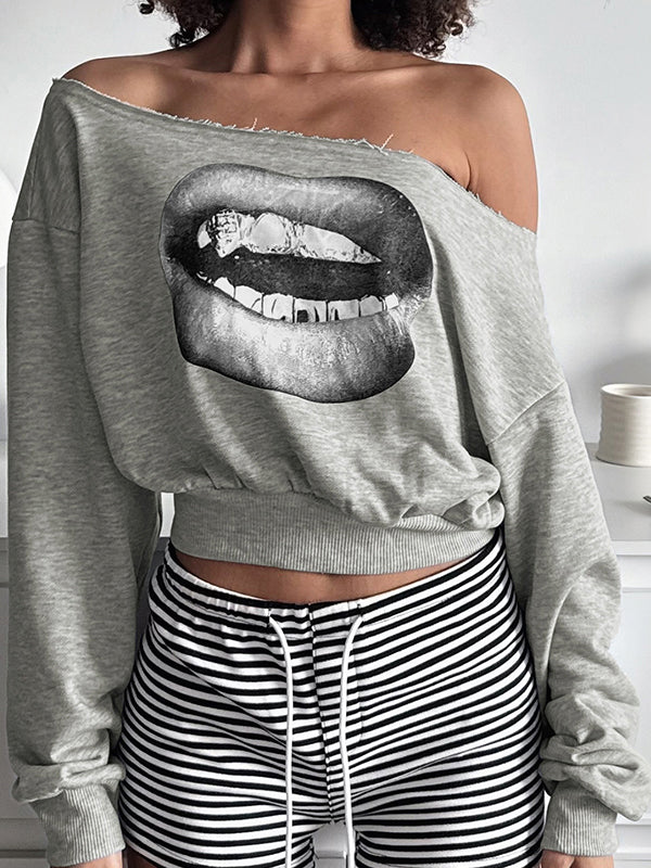 Lip Print T-Shirt Oversized Long Sleeve