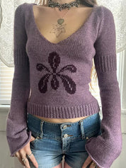 Flower Vintage Round Neck Knitted Sweater