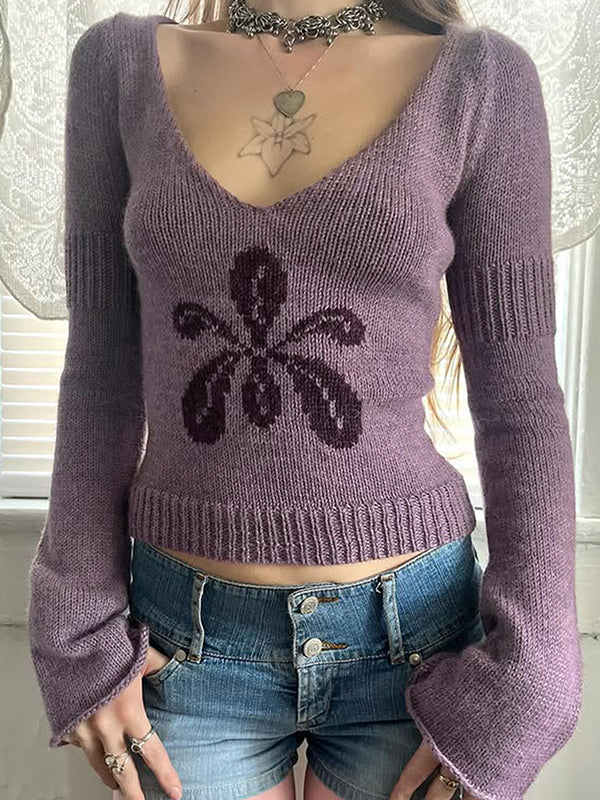 Flower Vintage Round Neck Knitted Sweater