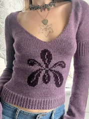 Flower Vintage Round Neck Knitted Sweater