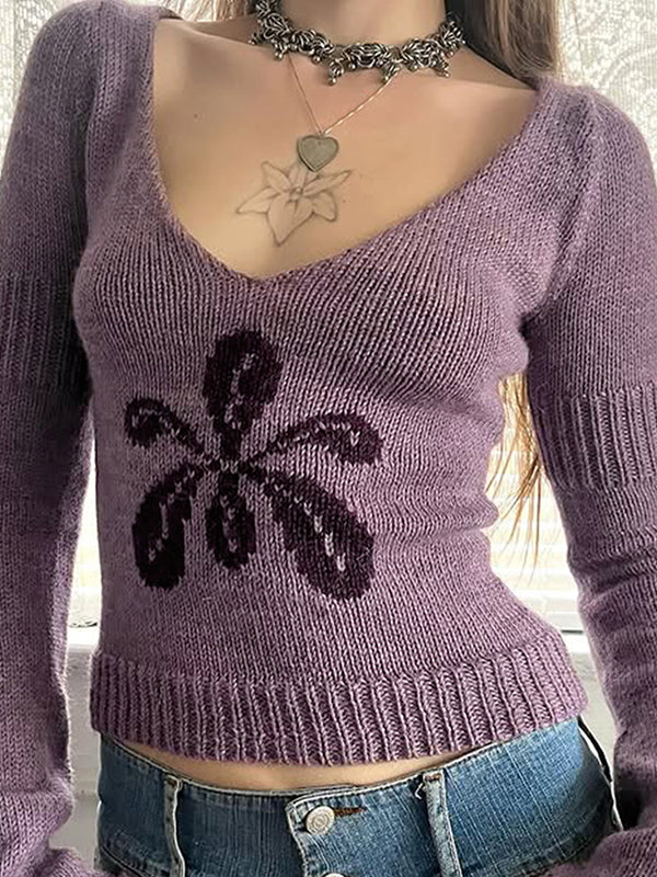 Flower Vintage Round Neck Knitted Sweater