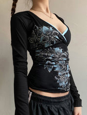 Retro-Style Plant Floral Slim-Fit Long Sleeve