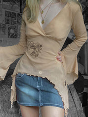 Retro Floral V-Neck Top  Oversized Long Sleeve